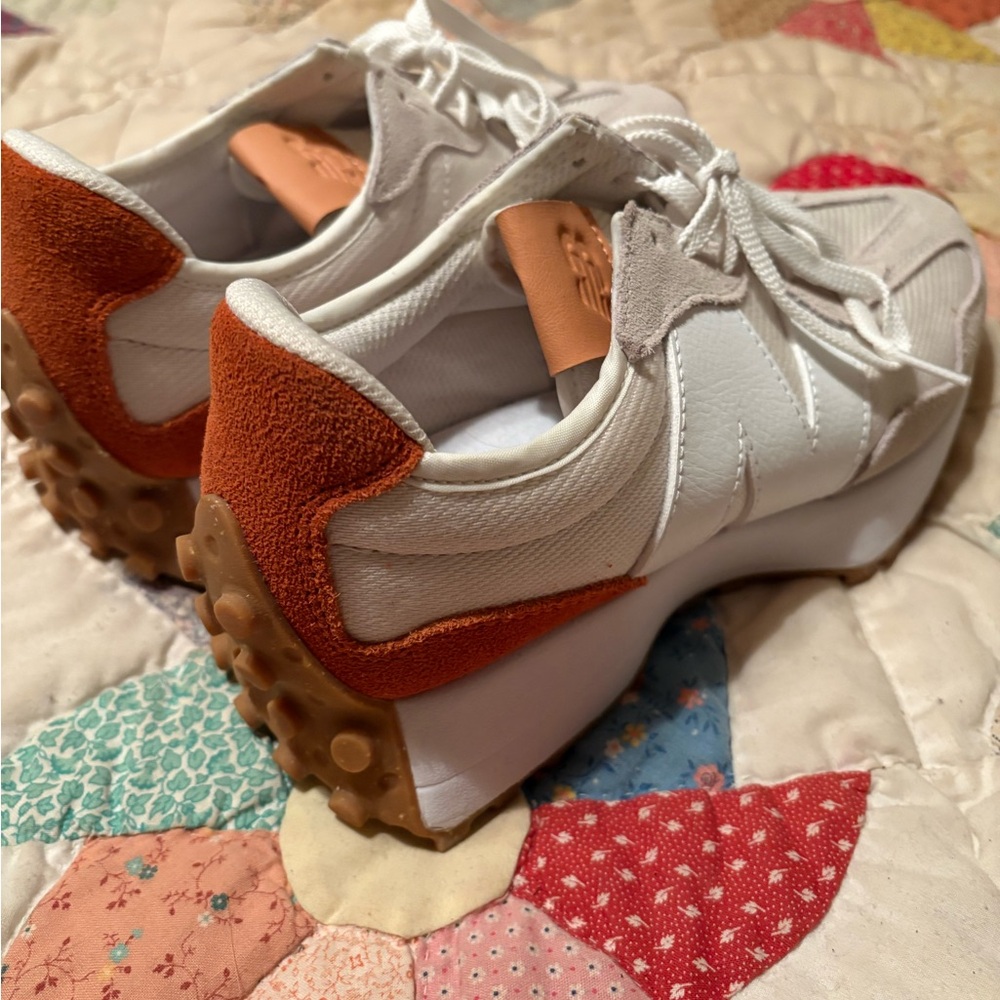 New Balance White and Tan Sneakers